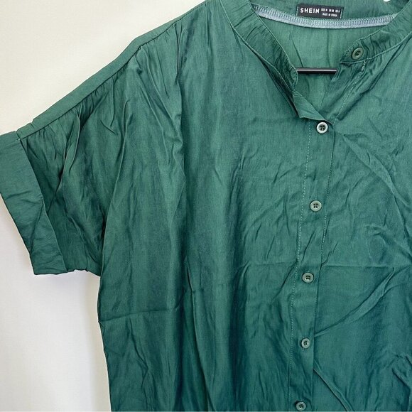 Retro Green Button Up Rolled Short Sleeve Blouse - Size: Medium - Picture 2 of 6